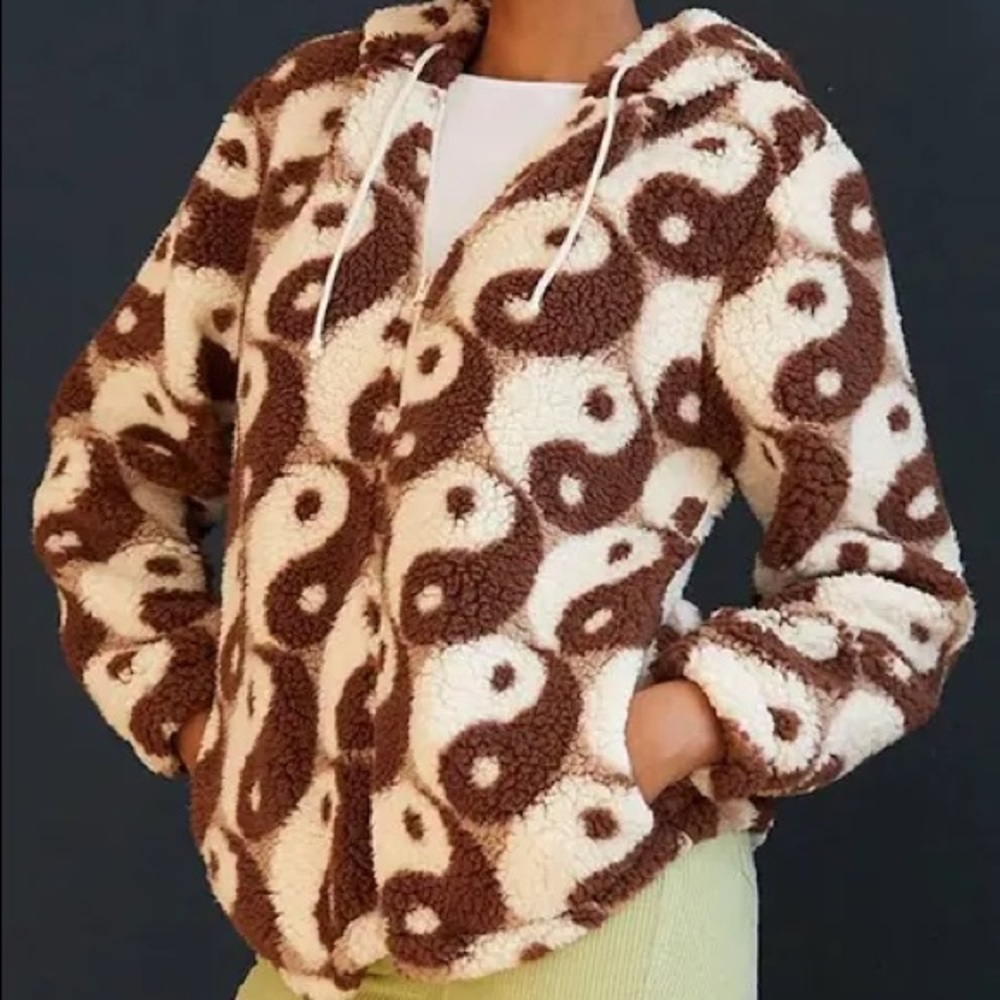 Brown Yin and Yang fuzzy hoodie jacket